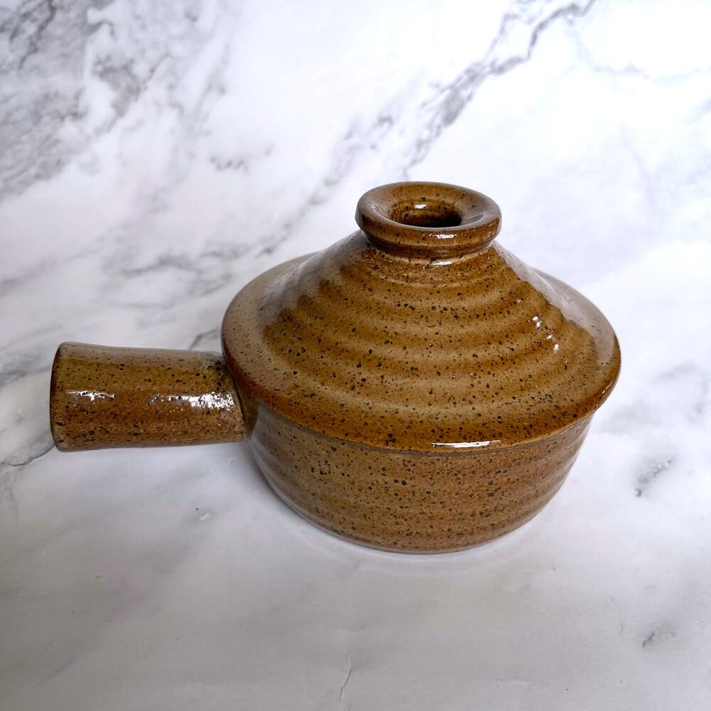Vintage Stoneware Individual Casserole Soup Crock w Lid Brown Speckled 6.25"